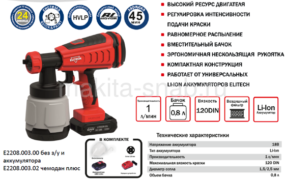 Аккумуляторный краскопульт Elitech КА 18БЛП 2647803507